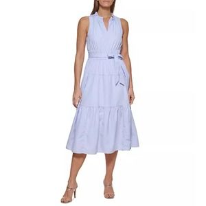 Dkny Women's Sleeveless‎ Striped Tiered Poplin Midi Dress NWT 12
